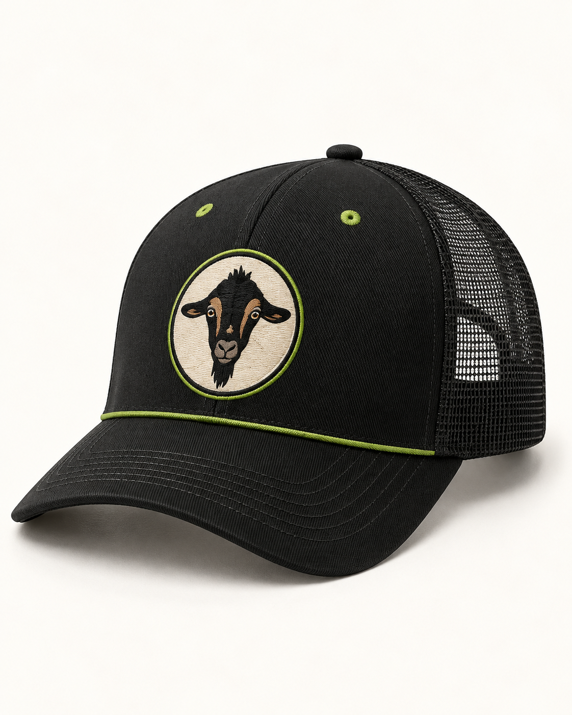 Black Hope Cap with a goat badge and green stitching, sample mockup