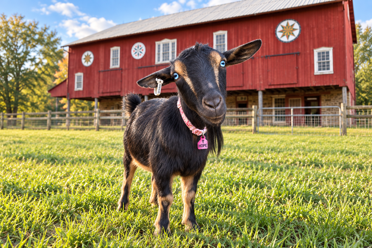 Hope the goat centered in a grassy field with the red farm barn in the background.