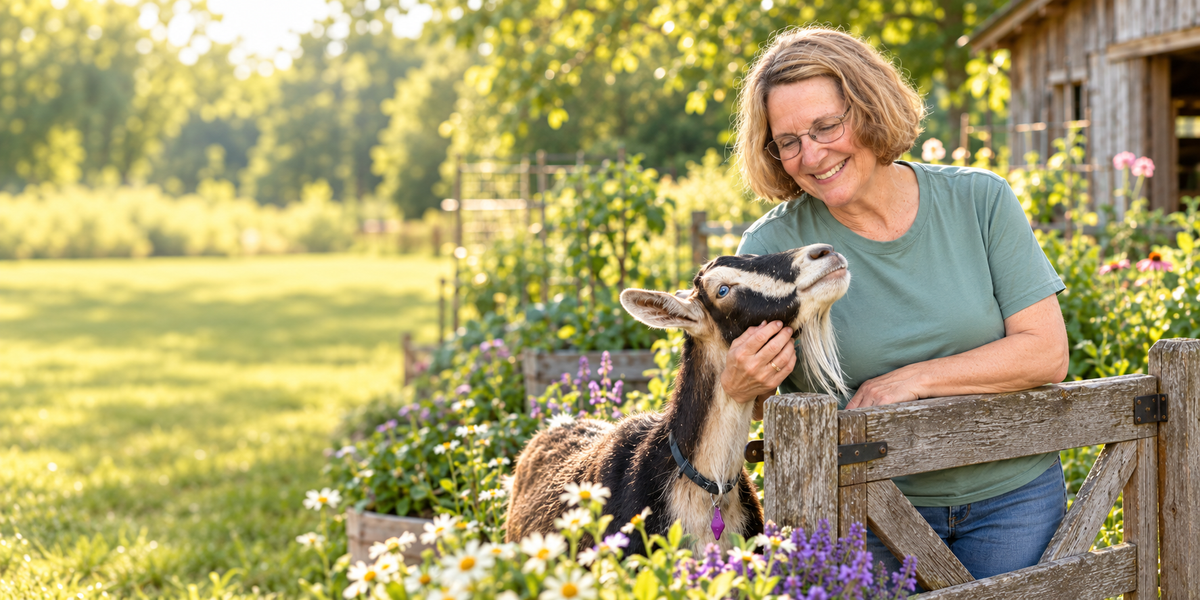 AI-created farm scene of Mary sharing a quiet moment with a goat at a garden gate.