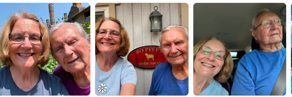 Three casual photos of Mary smiling alongside a man.