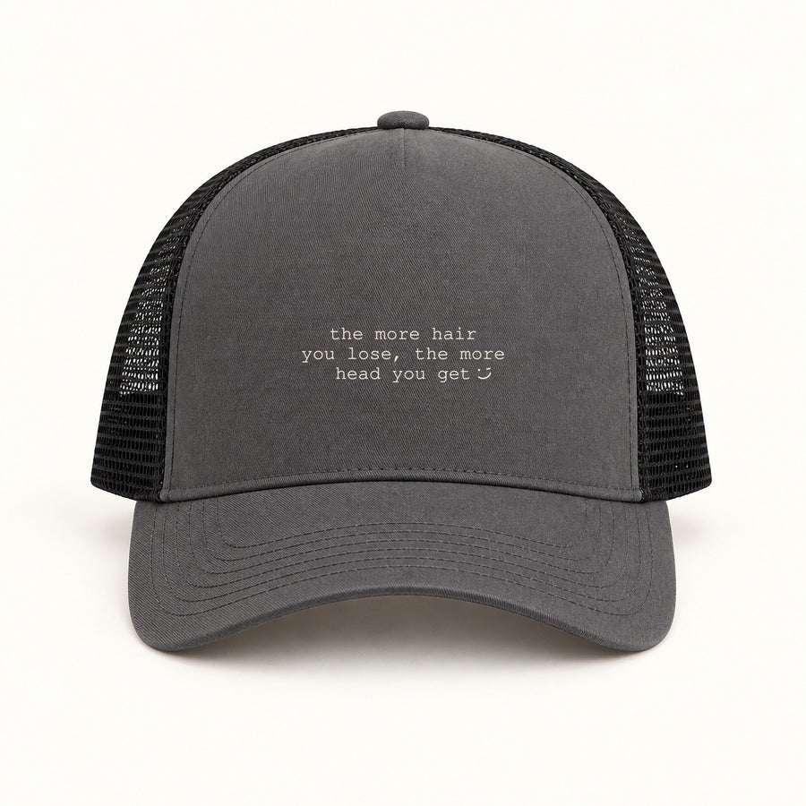 more hair more head trucker cap in charcoal black
