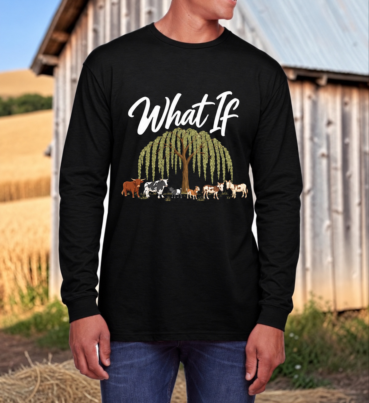 What If Farm Crew Black long sleeve with the willow tree and original farm crew design.