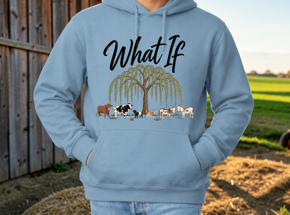 What If Farm Crew Blue hoodie sweatshirt with the willow tree and original farm crew design.