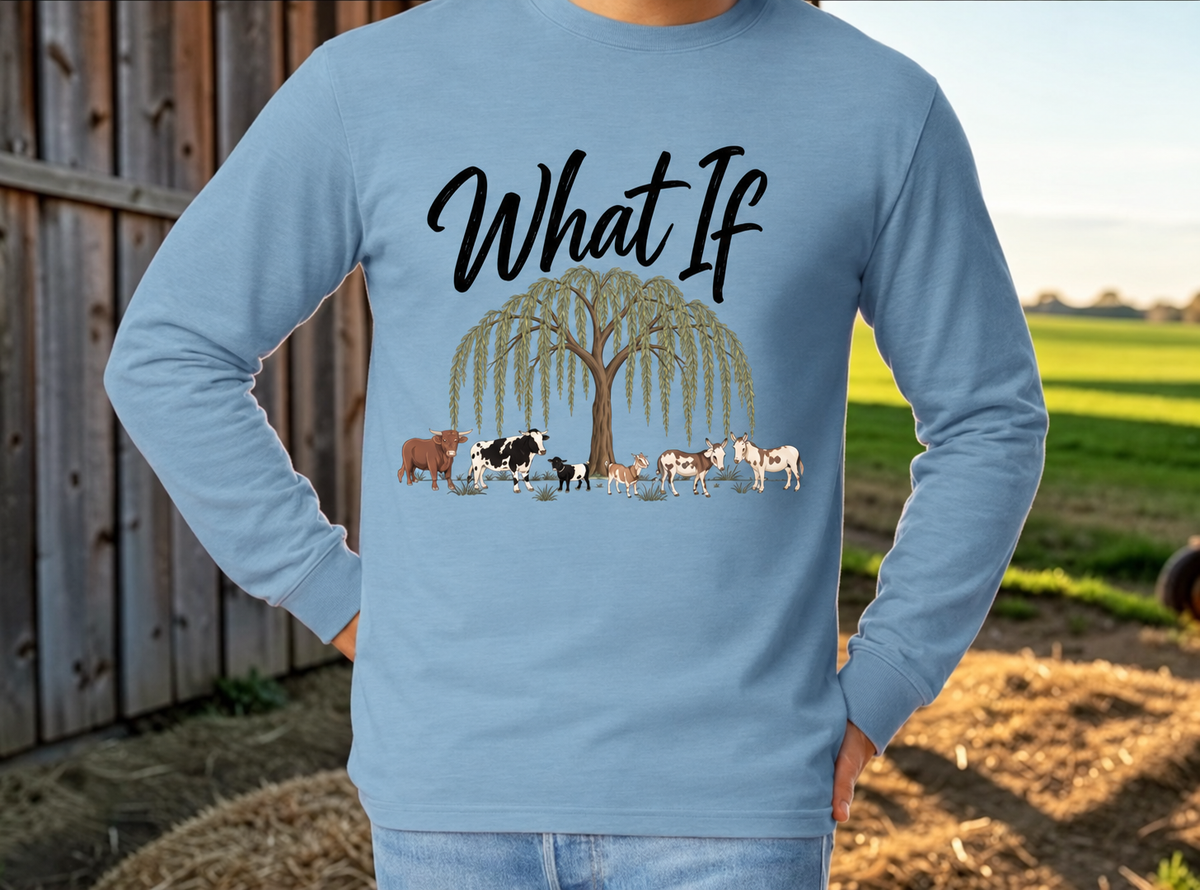 What If Farm Crew Blue long sleeve with the willow tree and original farm crew design.