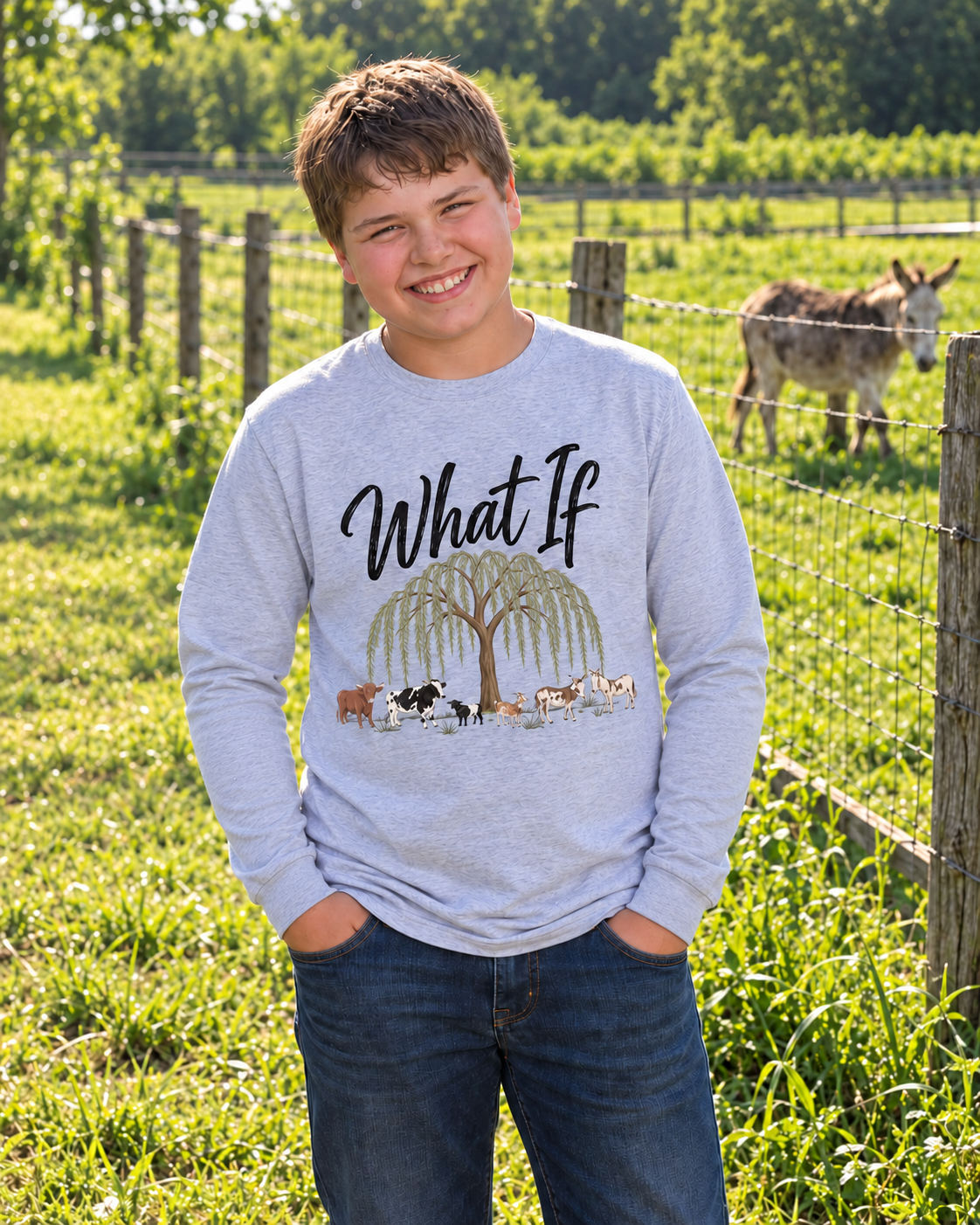What If Farm Crew Light Grey long sleeve with the willow tree and original farm crew design.
