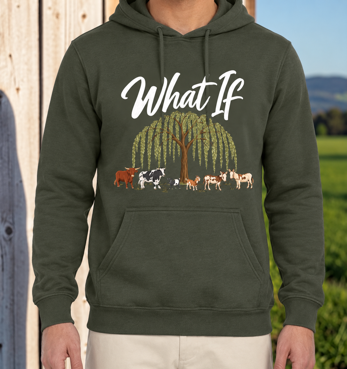 What If Farm Crew Military Green hoodie sweatshirt with the willow tree and original farm crew design.