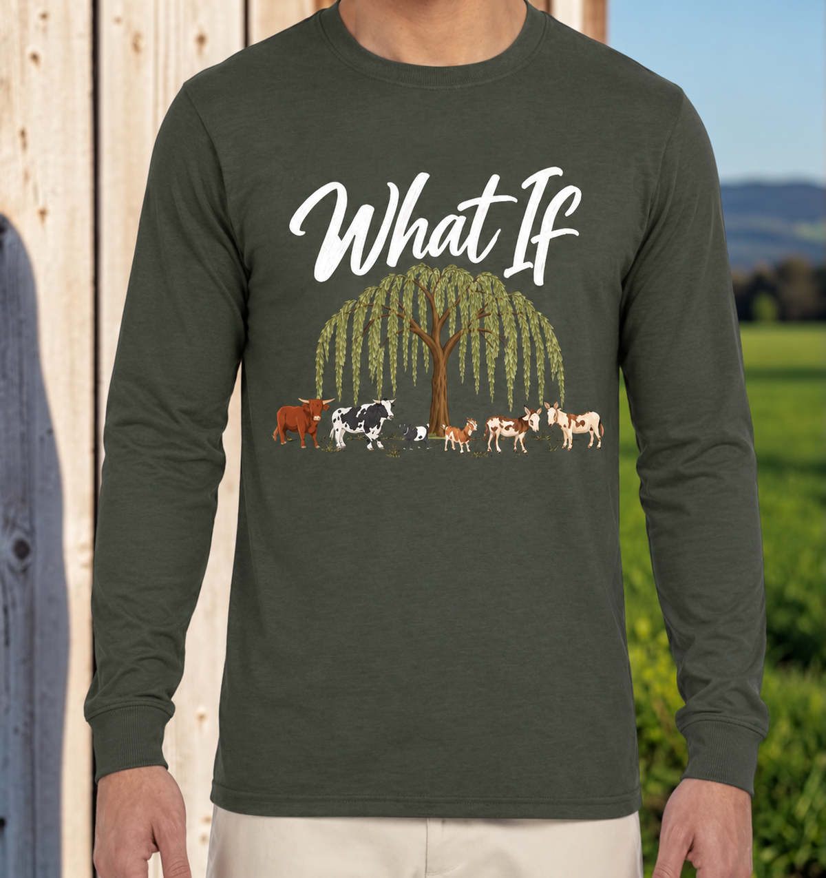 What If Farm Crew Military Green long sleeve with the willow tree and original farm crew design.