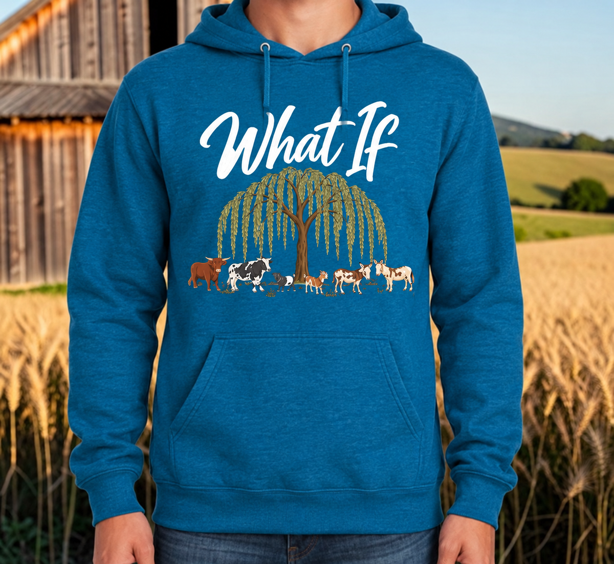 What If Farm Crew Teal hoodie sweatshirt with the willow tree and original farm crew design.