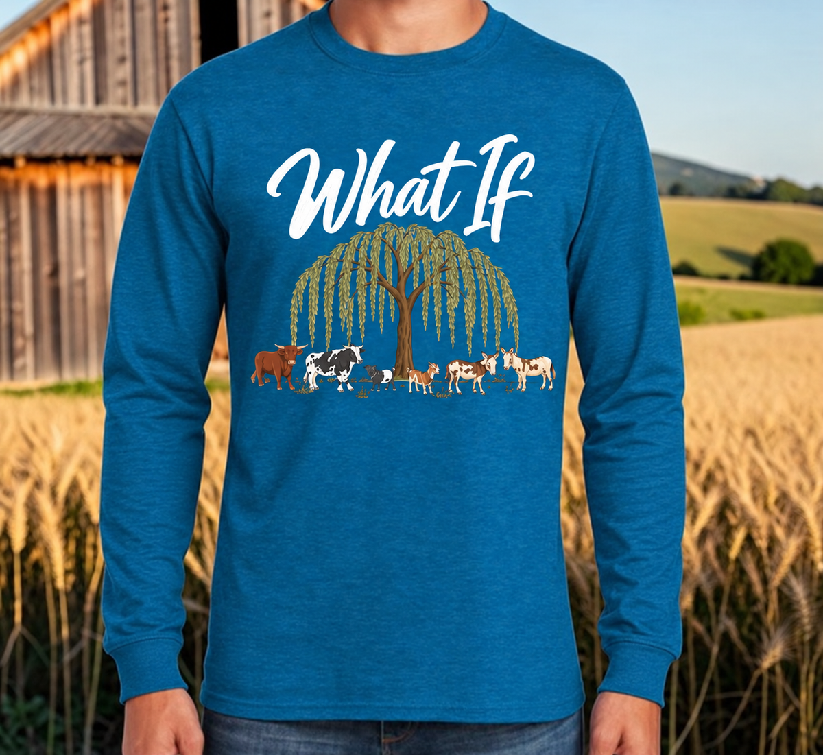 What If Farm Crew Teal long sleeve with the willow tree and original farm crew design.