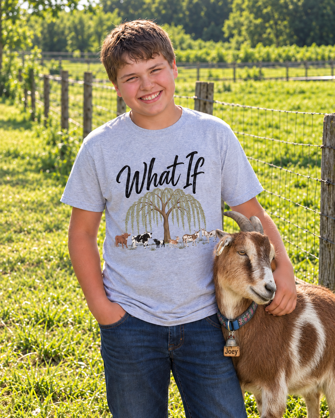 Jayden with Joey wearing the What If Farm Crew shirt.