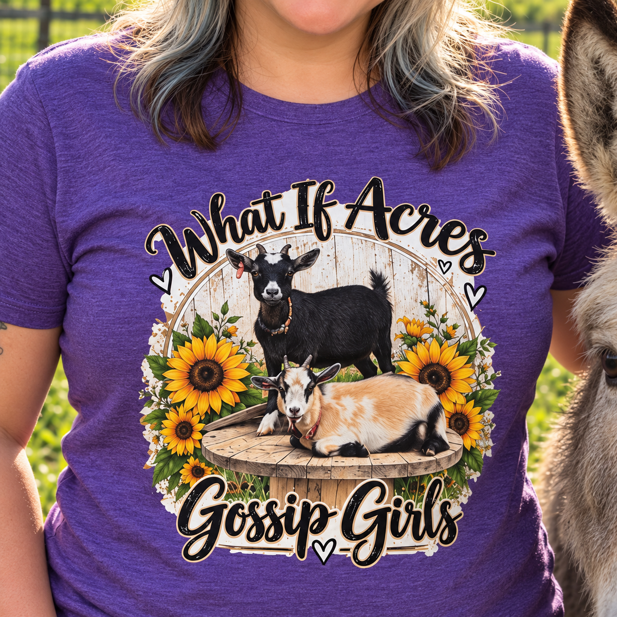 Close-up of the Gossip Girls graphic on Kaitlyn's purple shirt beside the donkey at the farm.