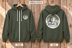 Illustrative Military Green full-zip hoodie mockup, front left chest Willow Tree signature and large Willow Tree back logo.